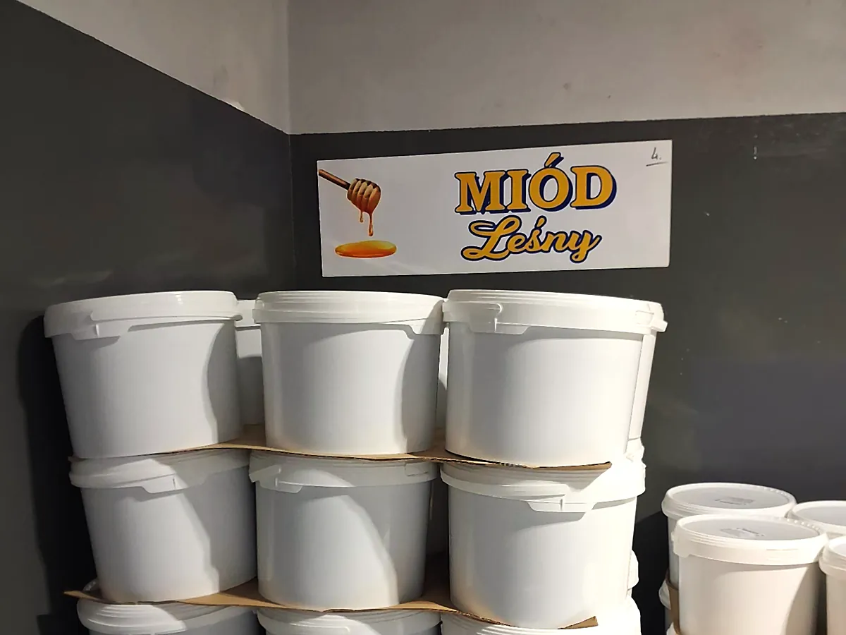 Wiadra miodu leśnego na paletach